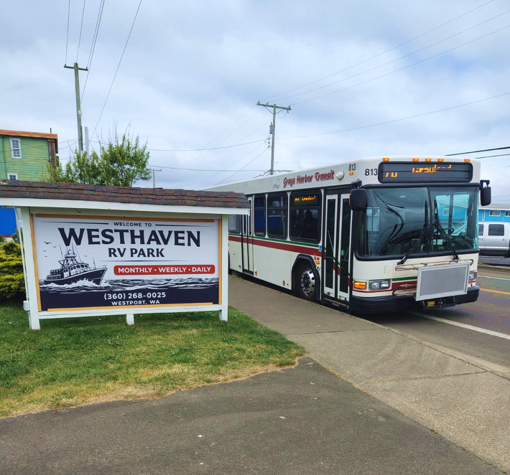 Grays Harbor Transit bus stopped at the Westhaven RV Park entrance sign